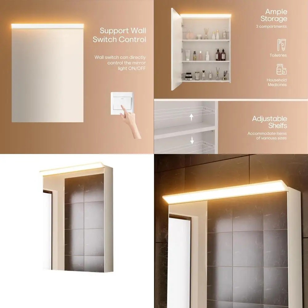 

20x28 Inch LED Medicine Cabinet with Mirror, 4000K Warm White Lighting, Adjustable Shelves, Moisture-Resistant Wood, Flat-Pack A