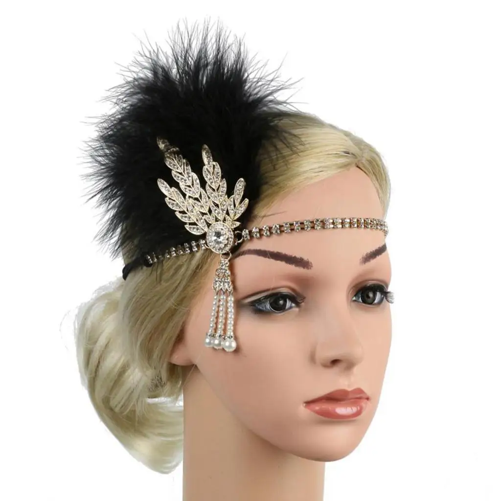 Vintage Flapper Feather Fascinator Headband with Rhinestones Luxury Headdress for Women Party and Wedding