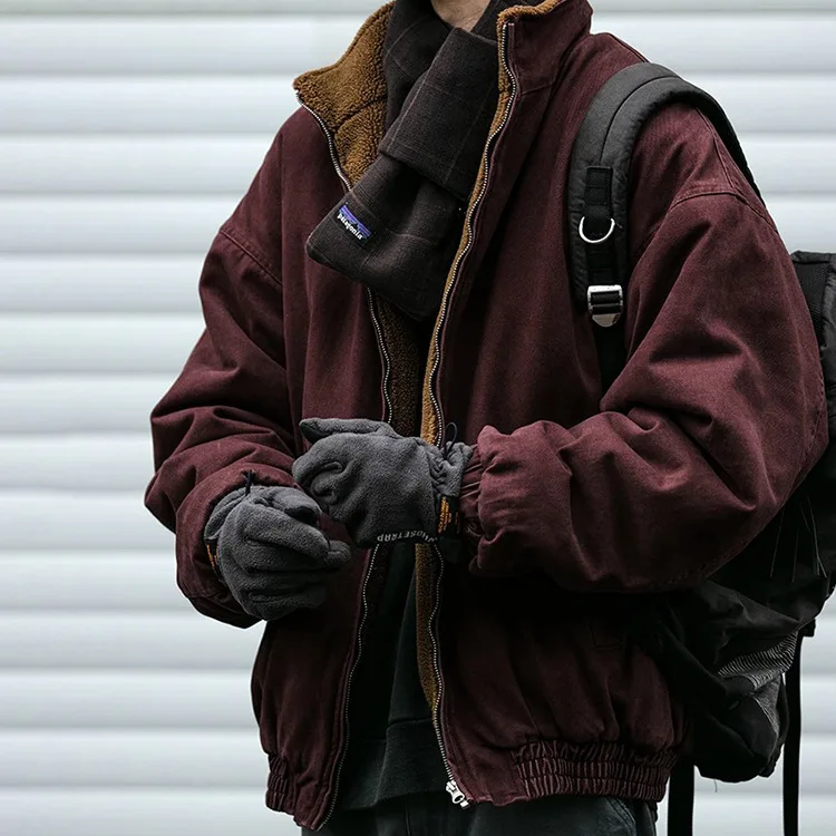 Autumn Winter American Lamb Wool Jacket Men Women Japanese Fashion Vintage Stand Collar Thick Coat Couple Trendy Jacket Unisex