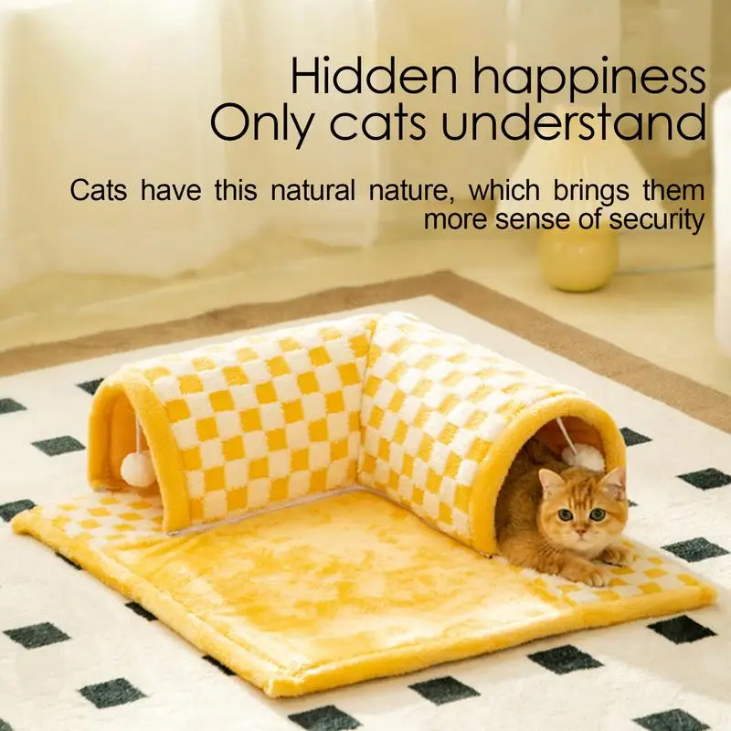 Cat Bed With Tunnel 2-in-1 Checkered Tunnel Bed With Fluffy Toy Ball Foldable Soft Cat Cave Tube Detachable Stylish Pet Play