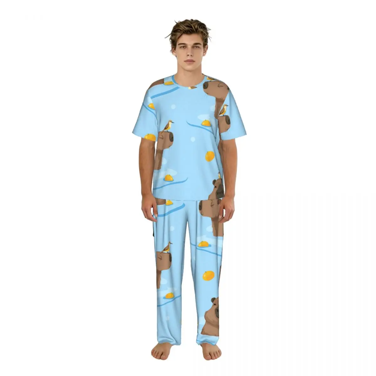 

Men's Pajamas Set Summer Short-Sleeve Tops + Long Pants Nightwear Home Wear Suits Cute Capybara Oranges Sea Swimming Sleepwear