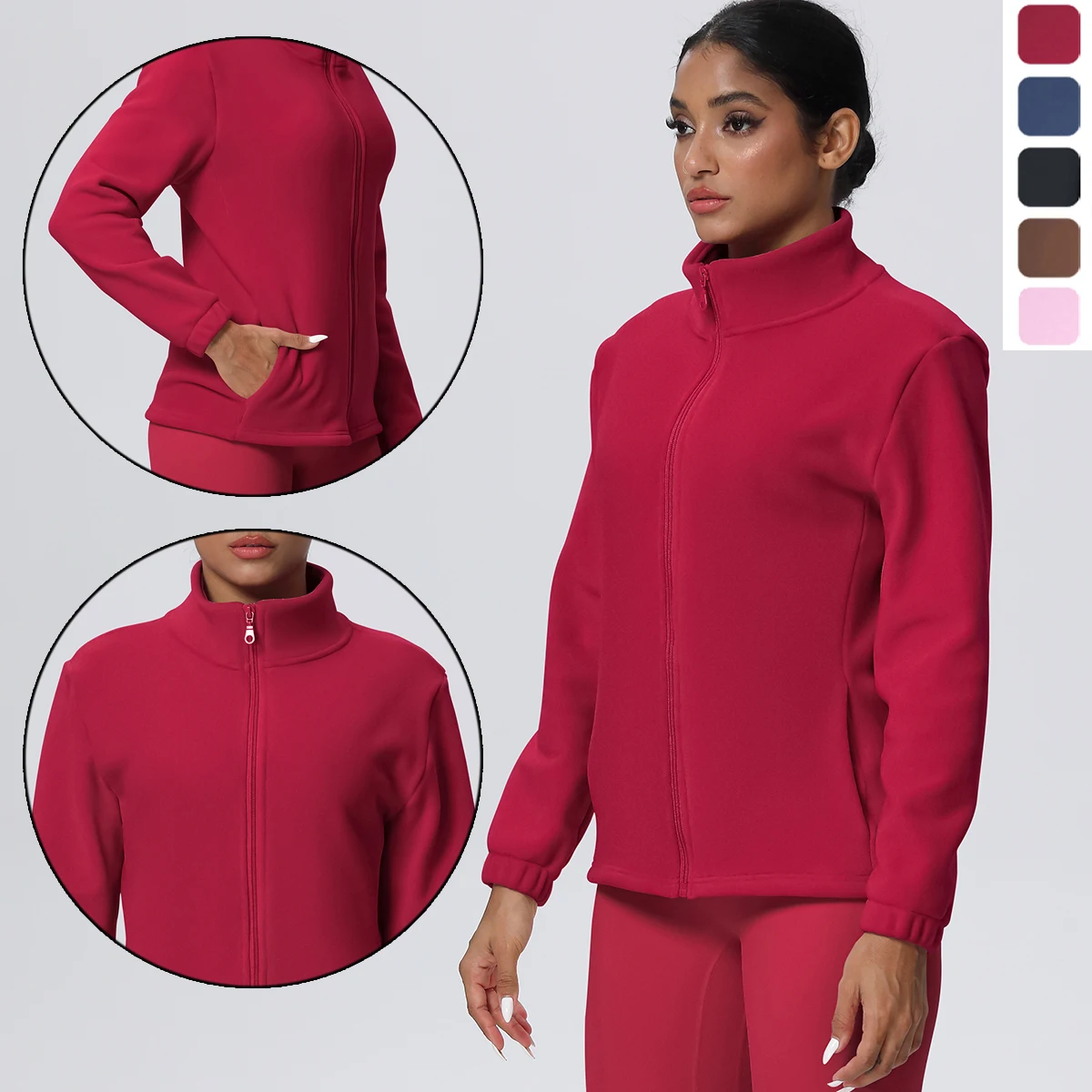 1 PC Winter Cycling and Skiing Keep Warm Long Sleeves Yoga Zipper Jacket With Pockets Solid Color High Neck Velvet Yoga Clothes
