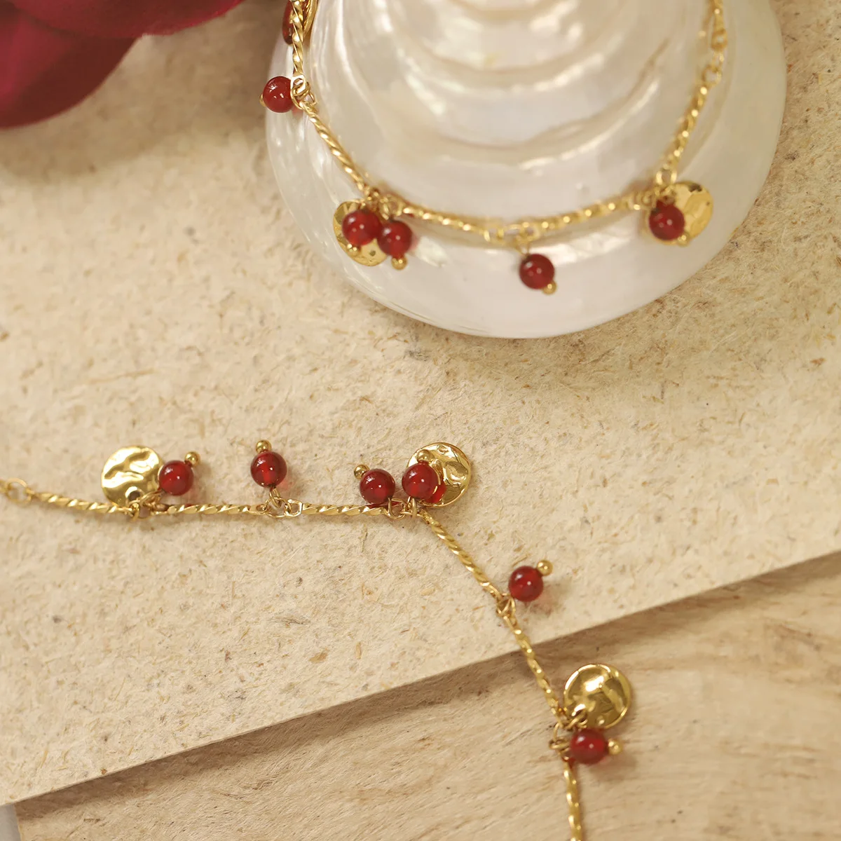 Cciris Vintage Boho Gold Coin Cherry Agate Bracelet Titanium Steel Gold Plated Dainty Stacking Jewelry for Women