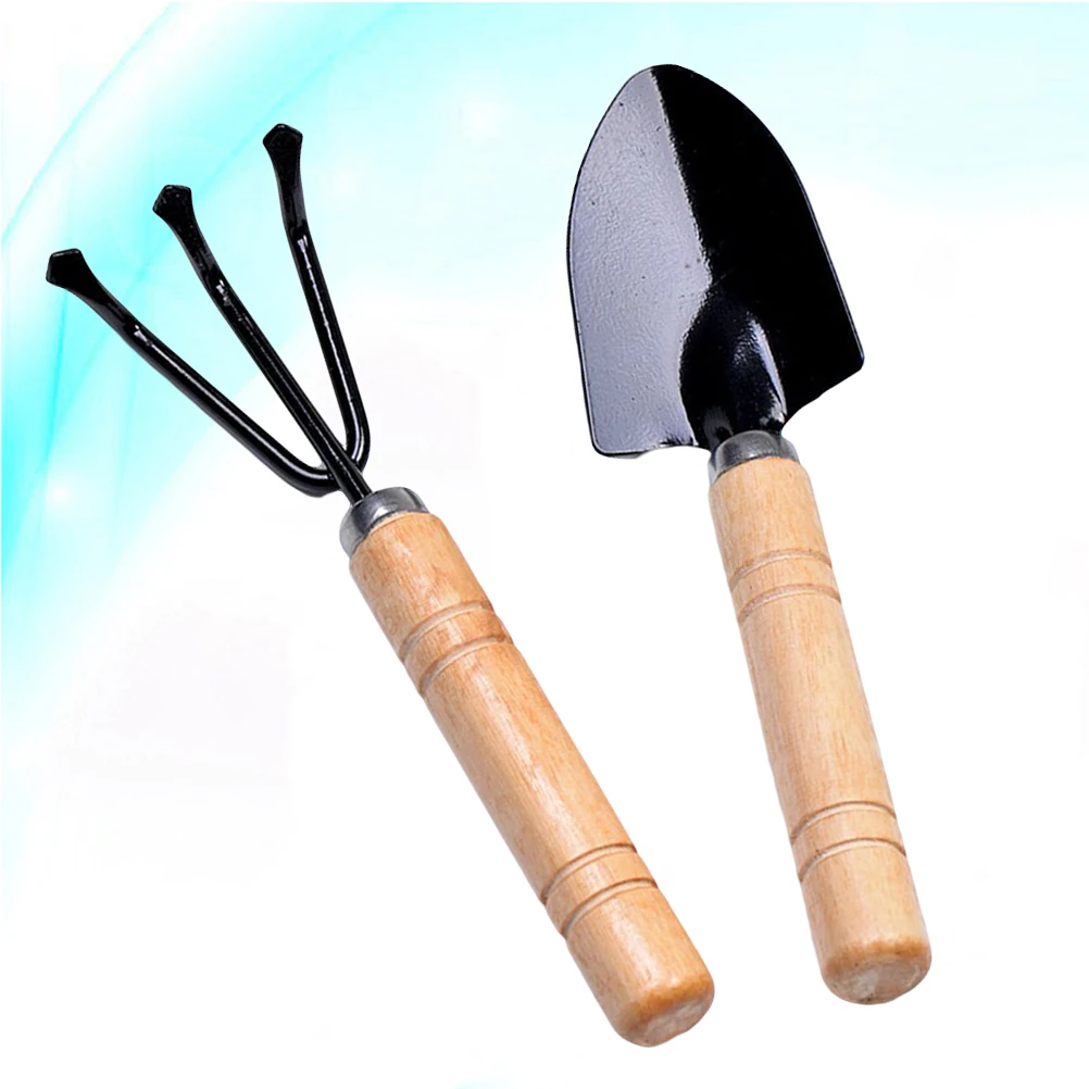 

2Pcs Garden Tool Set Mini Wood Handle Shovels Spades Loosening Soil Rake Digging Transplanting Gardening Bonsai Small Tools Kit