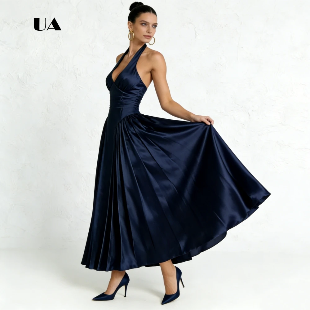 ULBYANRY Satin-Fit-and-Flare-Abschlussballkleid mit Neckholder, solides ärmelloses drapiertes Abendkleid für Damen, individuelles Partykleid