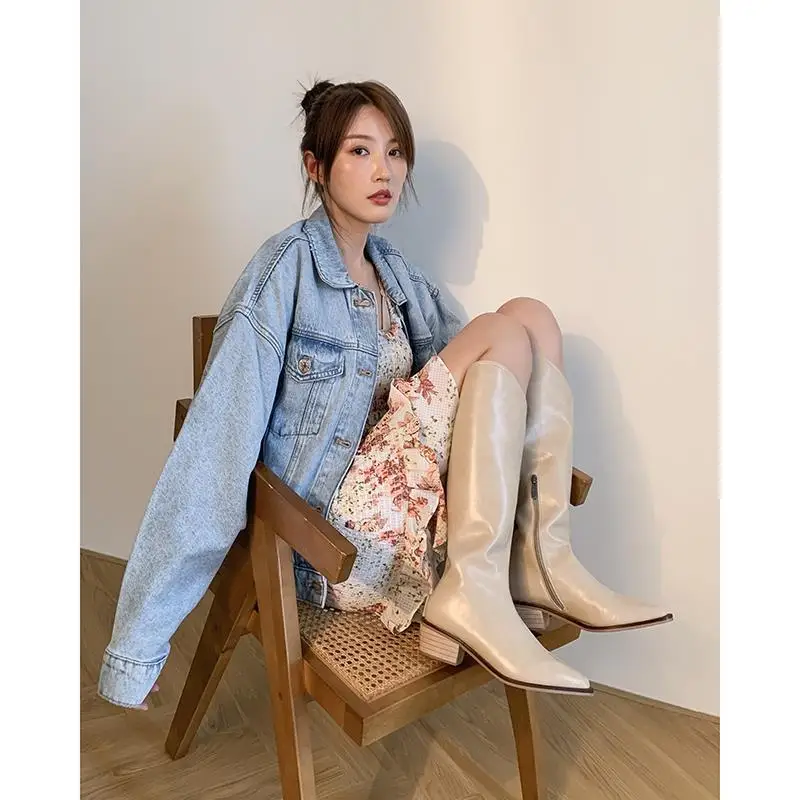 2021 New INS Women Beige High Heels Wedges Long Boots Lady Riding Cowboy Boots Winter Designer Pointed Toe Knee Thigh High Boots