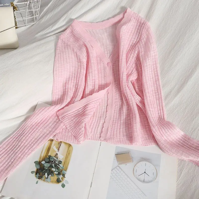 

Casual Stylish Long Sleeve Knitted Thin Cardigan Women's Spring and Autumn 2024 New Style Vertical Striped V-neck Short Top L15