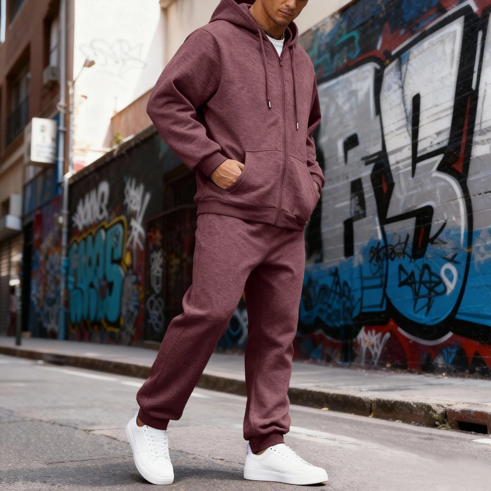 بدلة رياضية رجالية مبطنة بالصوف الحراري مكونة من قطعتين، سويت شيرت بقلنسوة، سترة ركض كاجوال للشتاء في الهواء الطلق بلون واحد #2