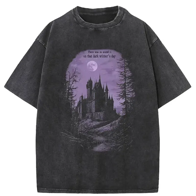 Y2K Hip Hop Washed Black WomenT-Shirt Streetwear Vintage Purple Graphic Horror Castle T Shirt Cotton Men Tops Tees Unisex
