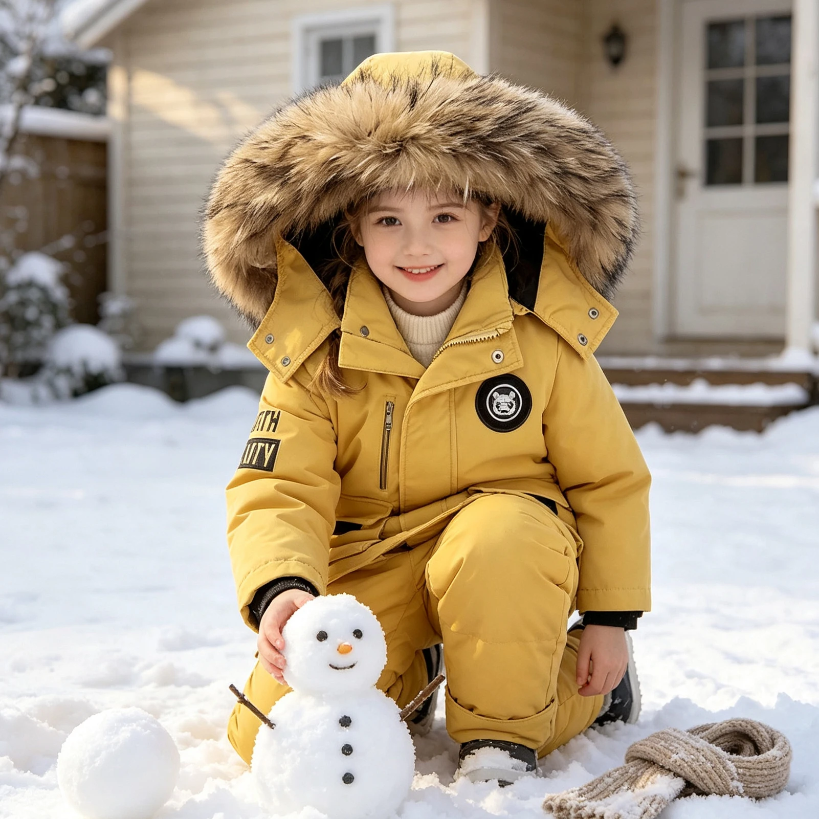 2-Piece Toddler Girls Snowsuits,Kids White Duck Down Jacket,Winter Hooded Coat +Snow Bib Pants,Baby Boys Windproof Skiing Suit