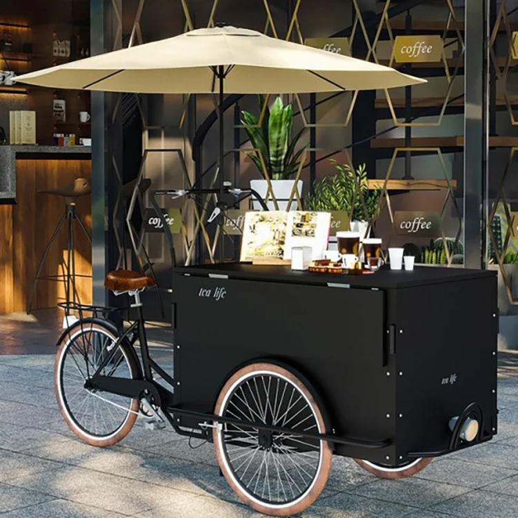 

Customized Modern Style Product Black Color 3 Wheels With Awning Bicycle Mobile Food Push Cart Flower Display Push Cart For Sale