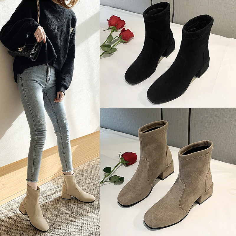 2024 New Autumn and Winter New Thick Heel Square Toe Boots Short Boots Fashion Stitching Suede Gentle Slim Boots Women D101