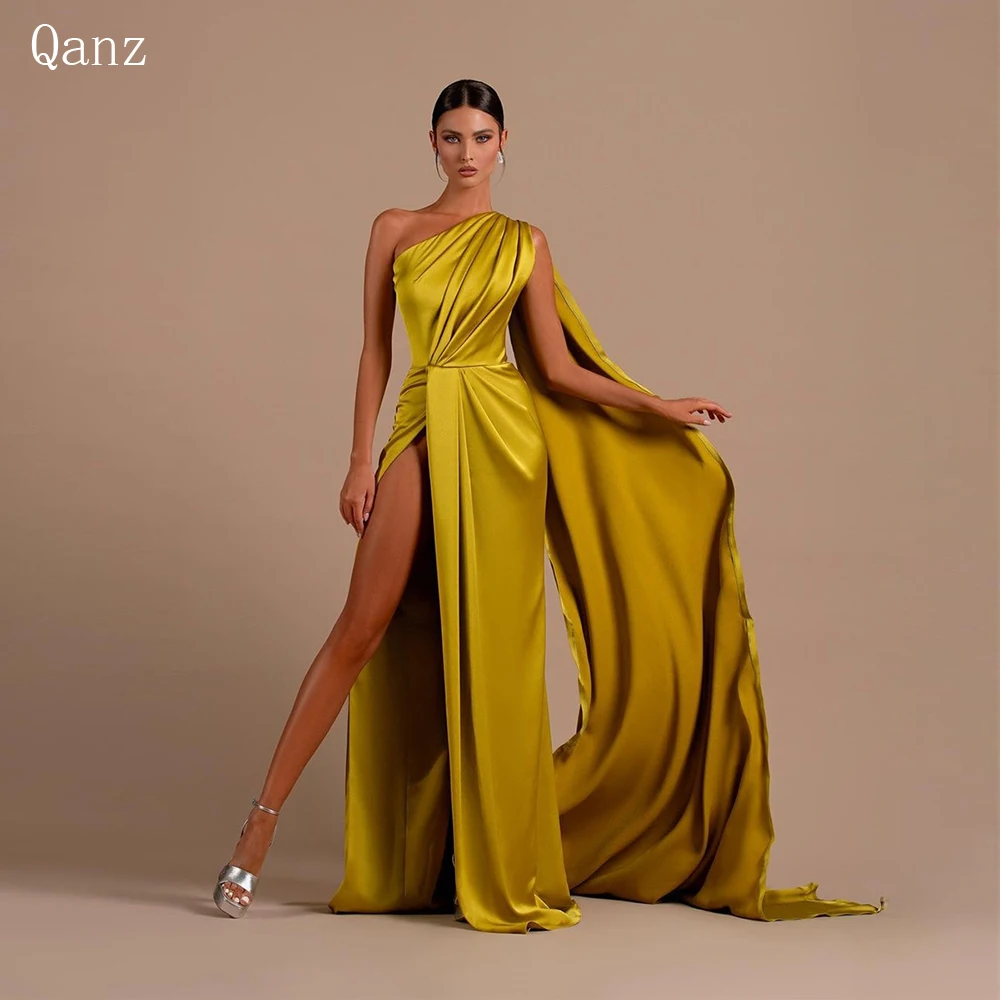 

Qanz Mermaid Evening Dresses With Long Cape Prom Gown Satin Pleat High Slit Formal Dubai Saudi Arbia Prom Dresses Robe De Soirée