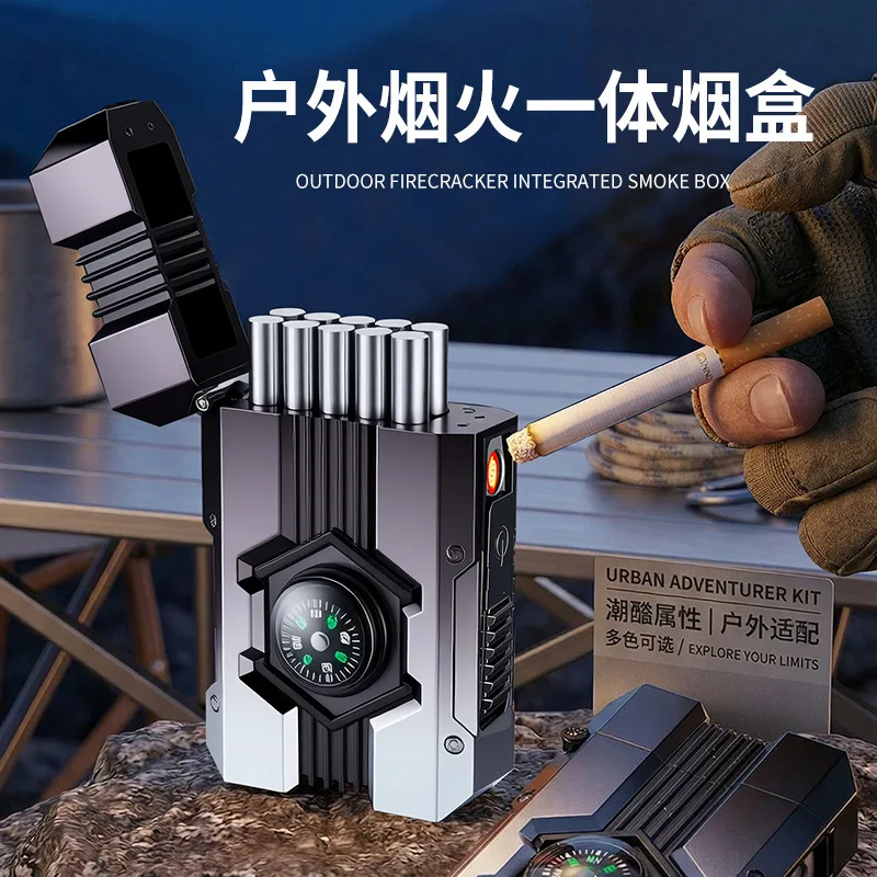 

Mech Style Cigarette Box Lighter Integrated 10 Pack Compression and Moisture-proof Charging Tungsten Wire Ignition Cigarette Box