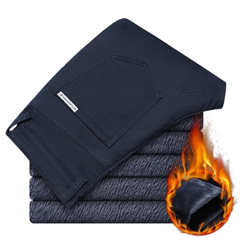 

Winter New Men's Warm Thick Casual Pants Business Fashion Black Blue Stretch Fleece Office Slim Trousers Male Brand