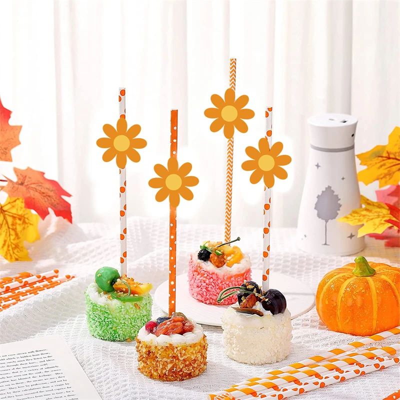 20Pcs Baby\'s First Birthday Party Sunflower Disposable Paper Straw Yellow Sun Cake Baking Decoration Straw