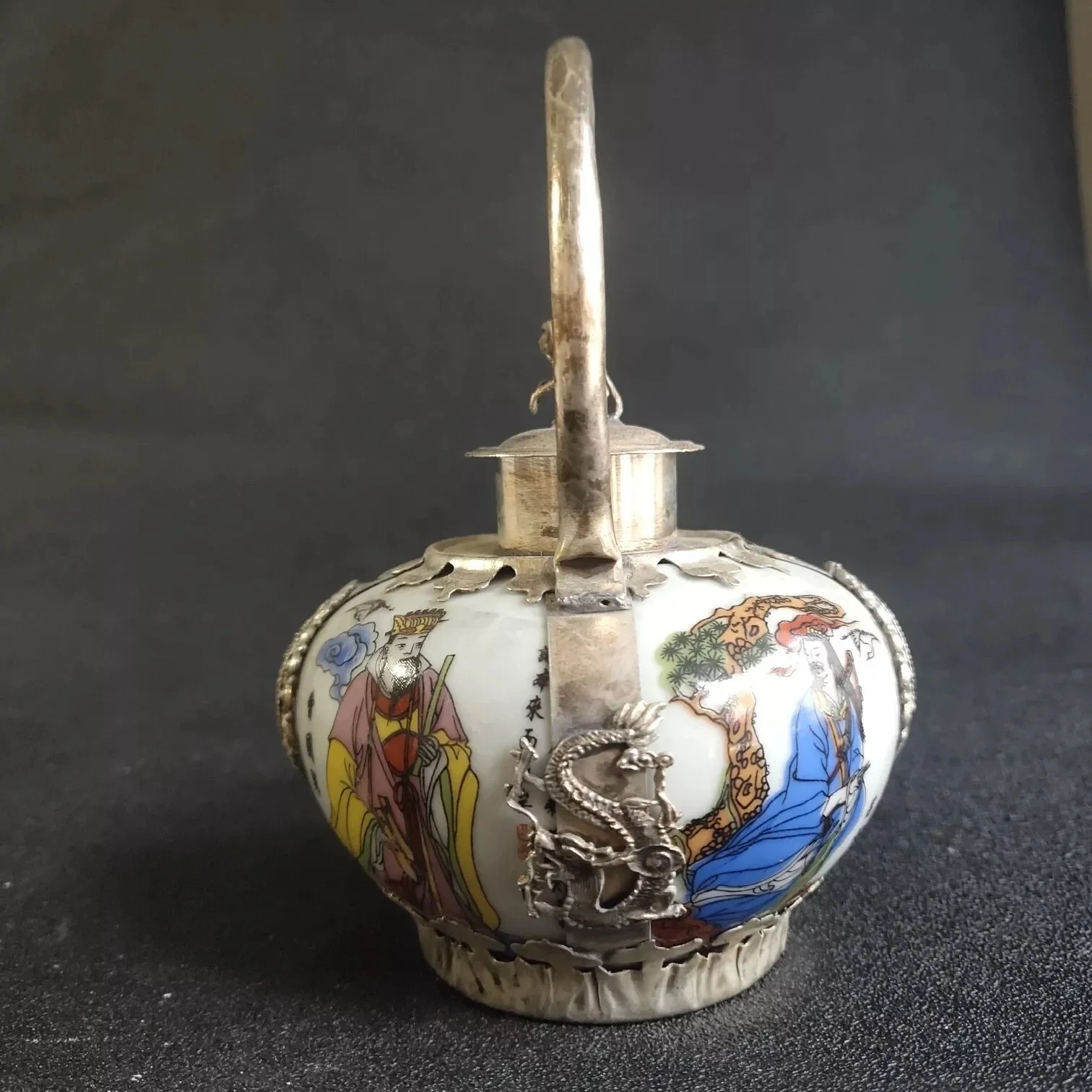 Rare Chinese Porcelain Tibet-silver Handmade Painting Eight Immortals Teapot