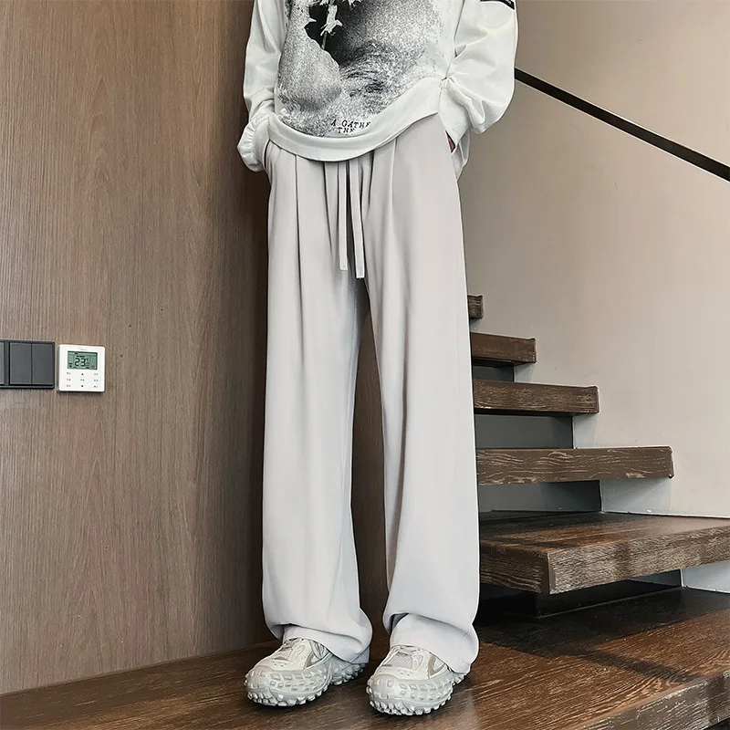 Summer New Large Size Men's Casual Pants Loose Straight Ice Sensation Simple Pure Color West Pants Hong Kong Style Design
