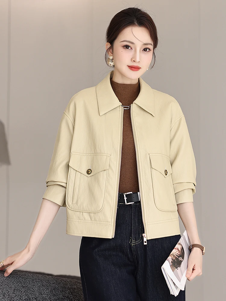   เสื้อแจ็คเก็ตหนังแกะสำหรับผู้หญิงรุ่นใหม่ ดีไซน์ทันสมัย ทรงหลวม แฟชั่นฤดูใบไม้ร่วง 2025 ปิดซิป แขนยาว