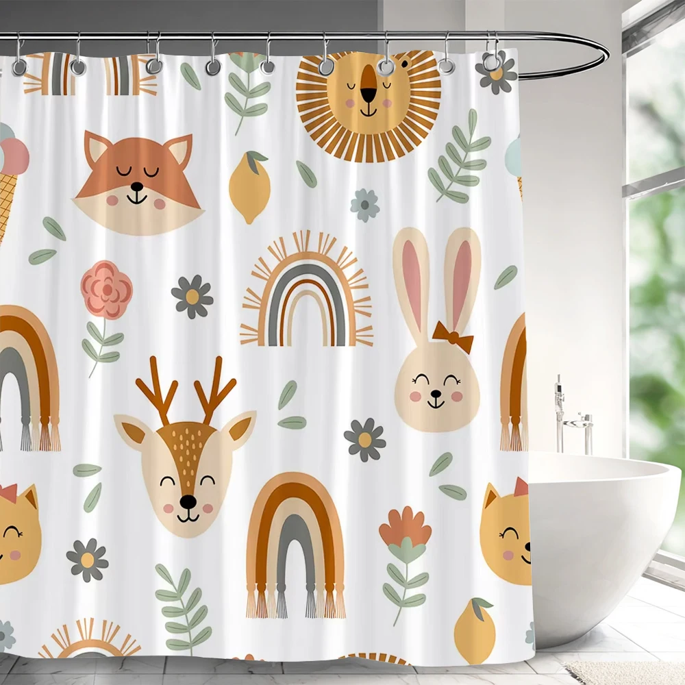 Cartoon Animals Shower Curtains Cute Fox Lion Deer Rabbit Autumn Floral Plant Kids Bath Curtain Polyester Bathroom Bathtub Decor