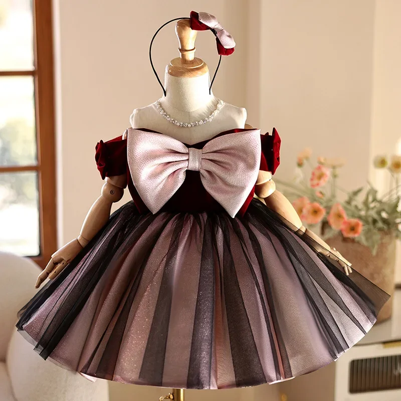 

Children Off Shoulder Sleeves Girl Dress Big Bow Princess Dresses Girl Birthday Evening Gowns Elegant Party Kids Year End Frocks