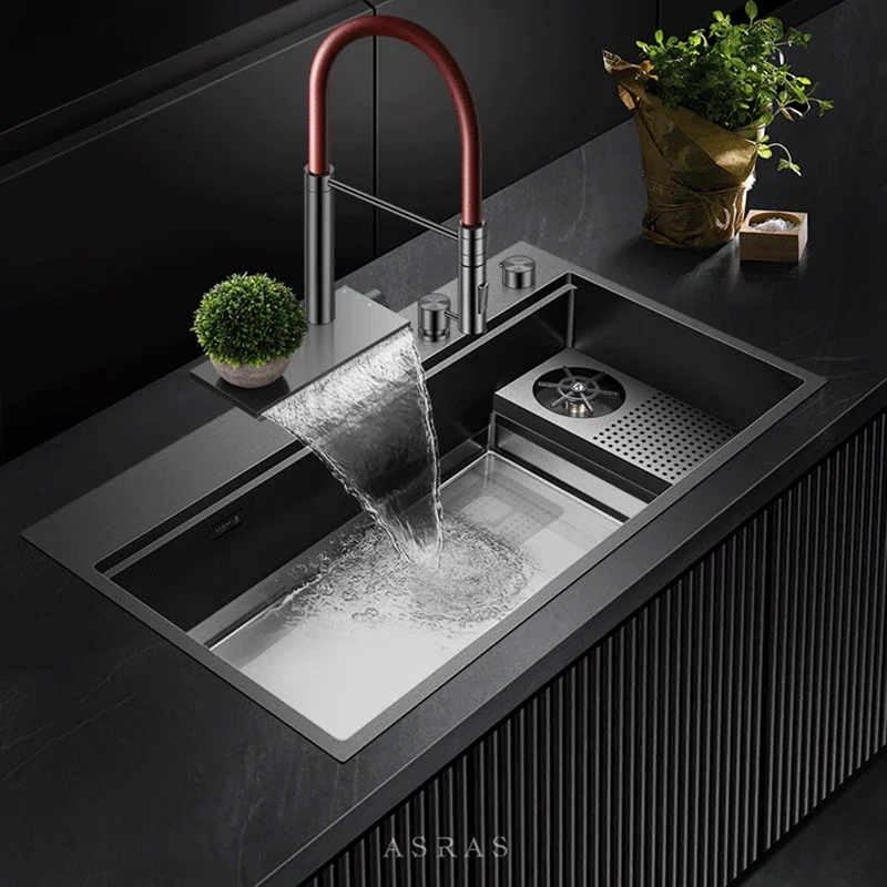 ASRAS New Waterfall Faucet Nanometer Large Size 4mm Panel Handmade Cup Rinser Kitchen Sinks