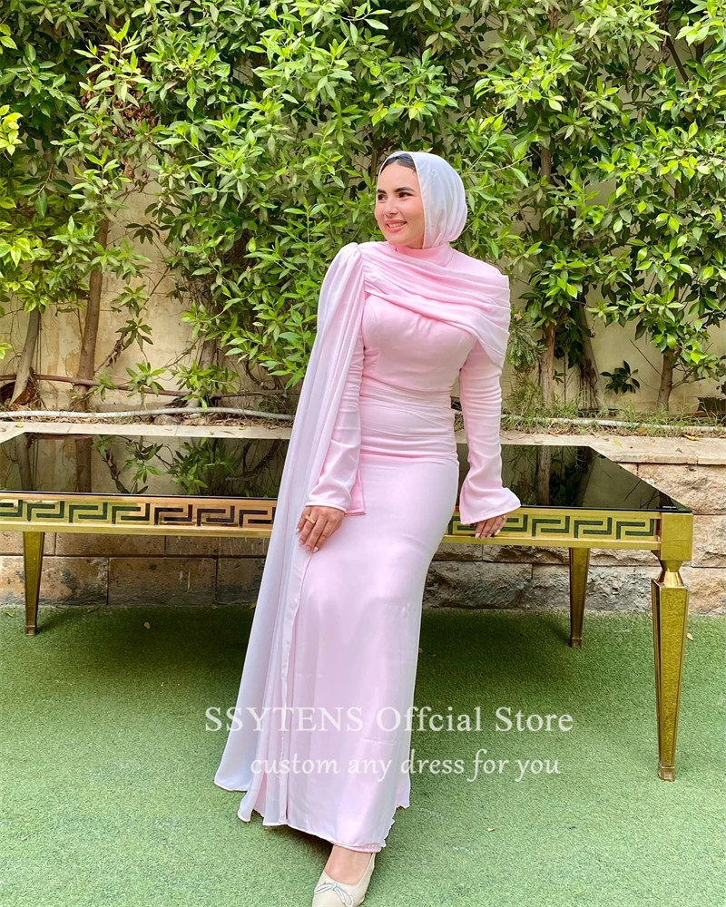 SSYTENS Modest Pink Formal Evening Dresses Muslim Arabic Women Long Sleeves Prom Gowns One Shoulder Special Occasion Party Dress