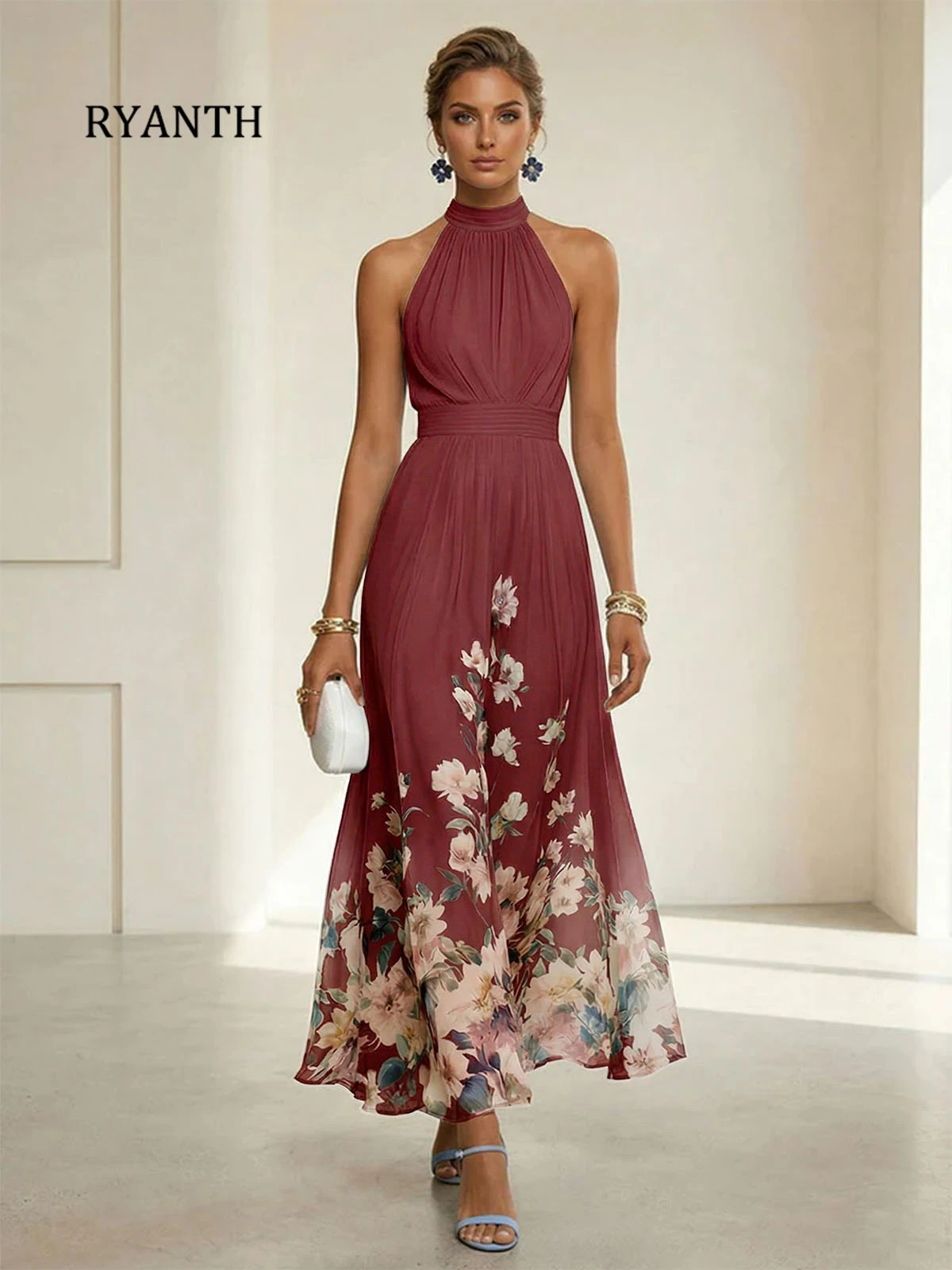 RYANTH Halter Mother of the Bride Dresses for Women Long Printed Flower Pleated Chiffon Formal Dress A Line Evening Gown Custom