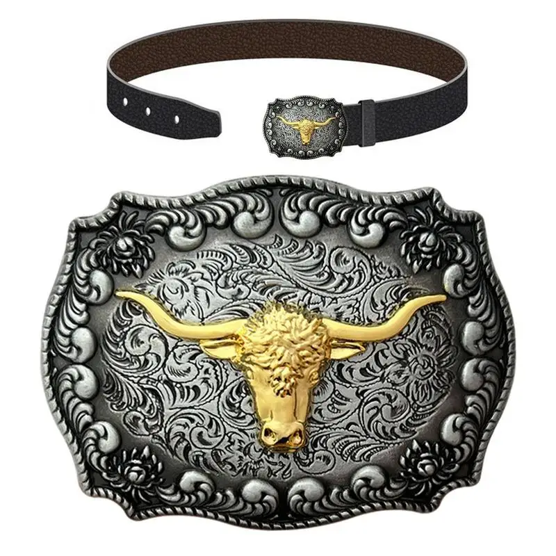 

Belt Buckles Men Western Cowboy Long Horn Metal Bull Buckle Long Horn Bull Pattern Buckle Belt Floral Engraved Buckle