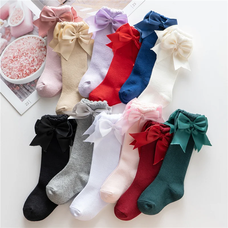 Blotona Lovely Baby Girl Below Knee Socks, Solid Color Bow Decor Stockings Breathable Clothing Accessory, 0-2Years