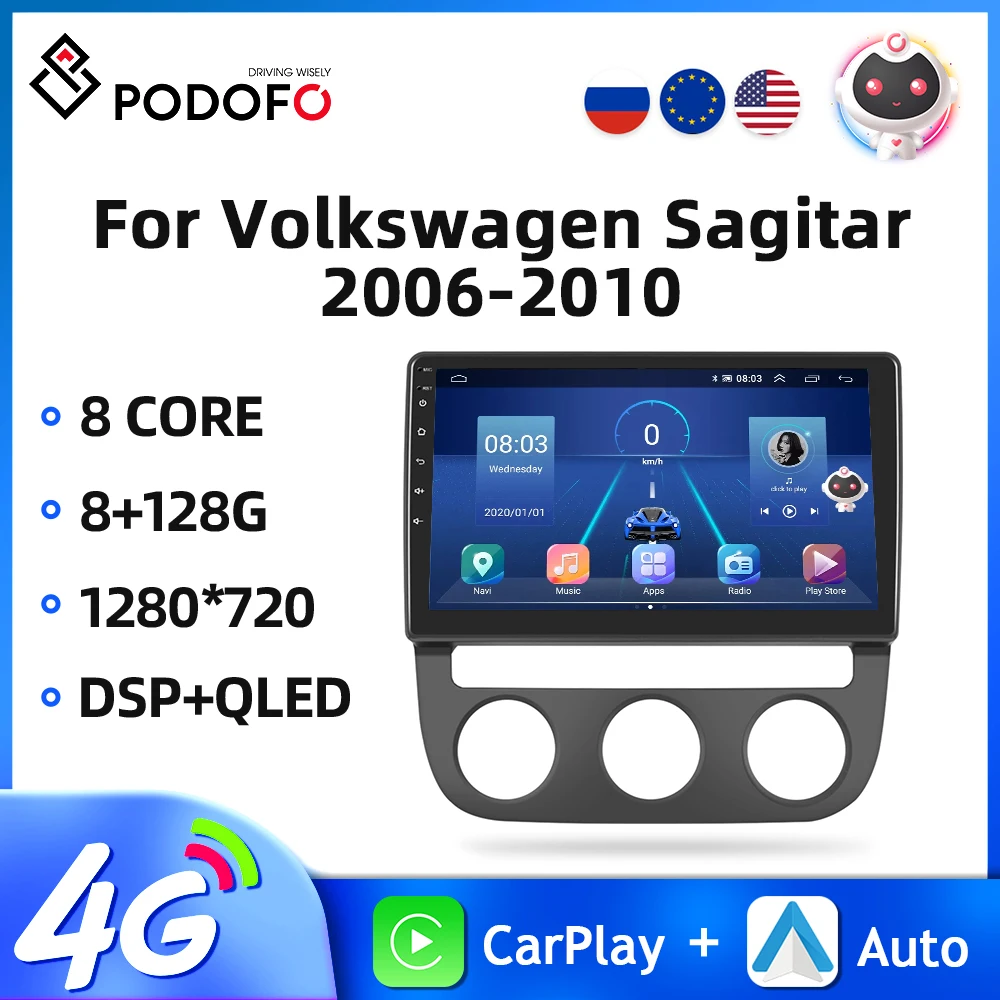 Podofo Android 2Din Car Radio For Volkswagen Sagitar 2006-2010 Multimedia Video Player Navigation GPS WIFI Wireless Carplay DSP