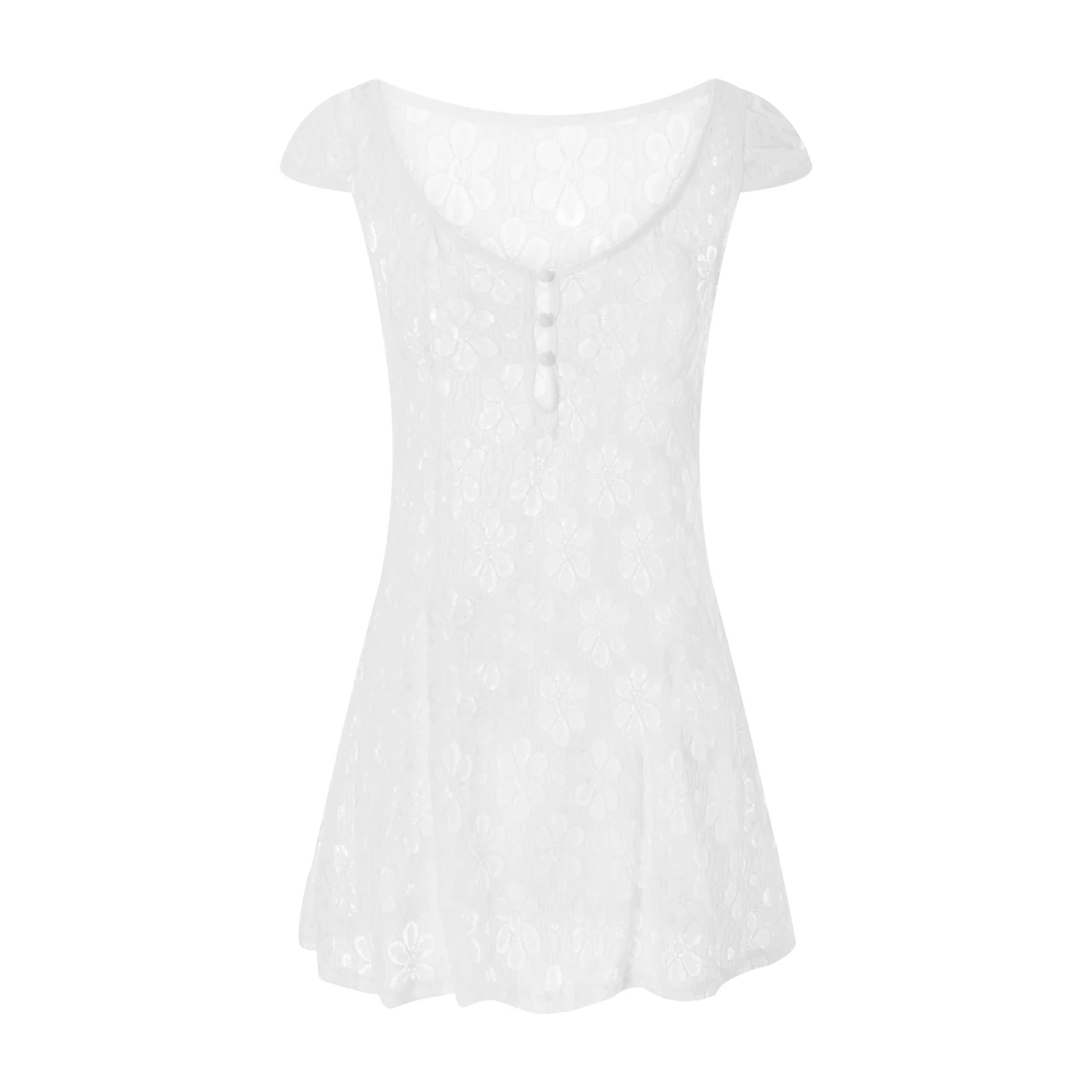 Yiiciovy Women Bikini Dress Sarong Beach Wrap Tunics Beach Cover Ups Summer Lace Short Sleeve Hollow Out Swimwear Mini Dress — zdjęcie 6