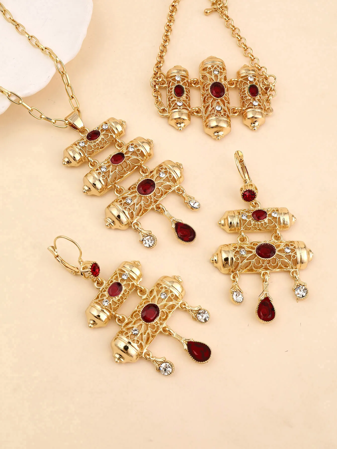 Moroccco Trendy Women Jewelry Set Gold Plated Rhinestone Necklace Earrings Bracelet For Luxury Bride Ethnic Wedding Accessories