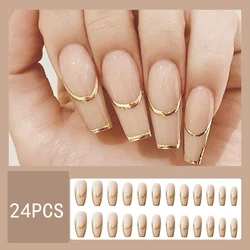 24pcs/set Fake Nails for Women Girls French Line Gold Press On Nail Art Nail Art Set Removable Glossy Wearable Fake Nails