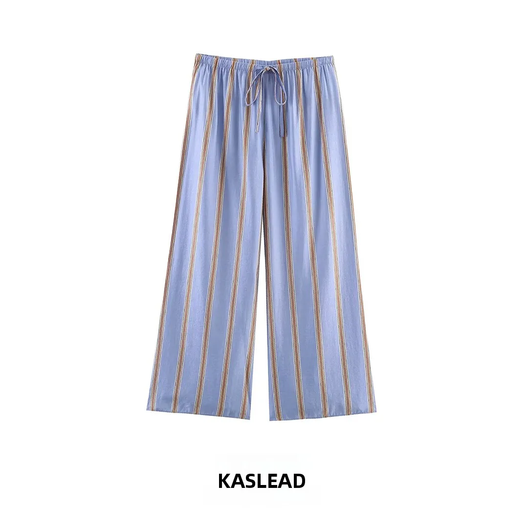 KASLEAD New Women's Fashion Simple Match Wide Leg Pants Drawstring Casual Trousers Polyester Fiber Natural Waist Striped