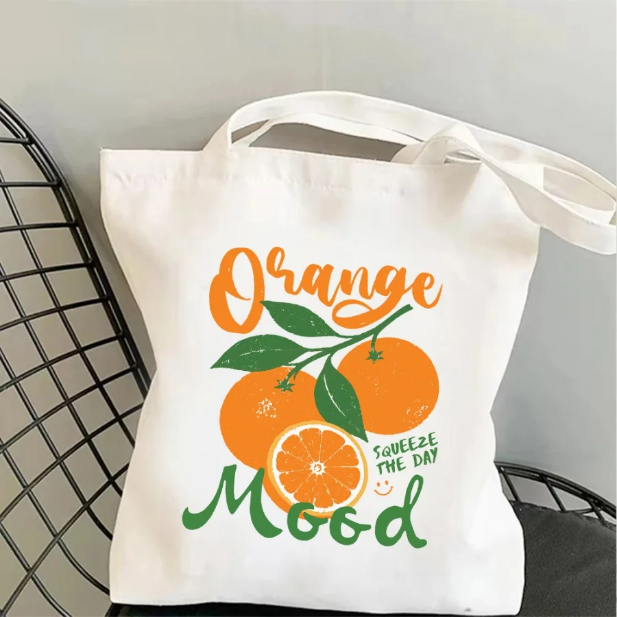 Citrus Energy Vibe Canvas Tote Bag Orange &Leaf Graphic Large Capacity Daily Commute Essential For Women Seaside Photogenic Prop