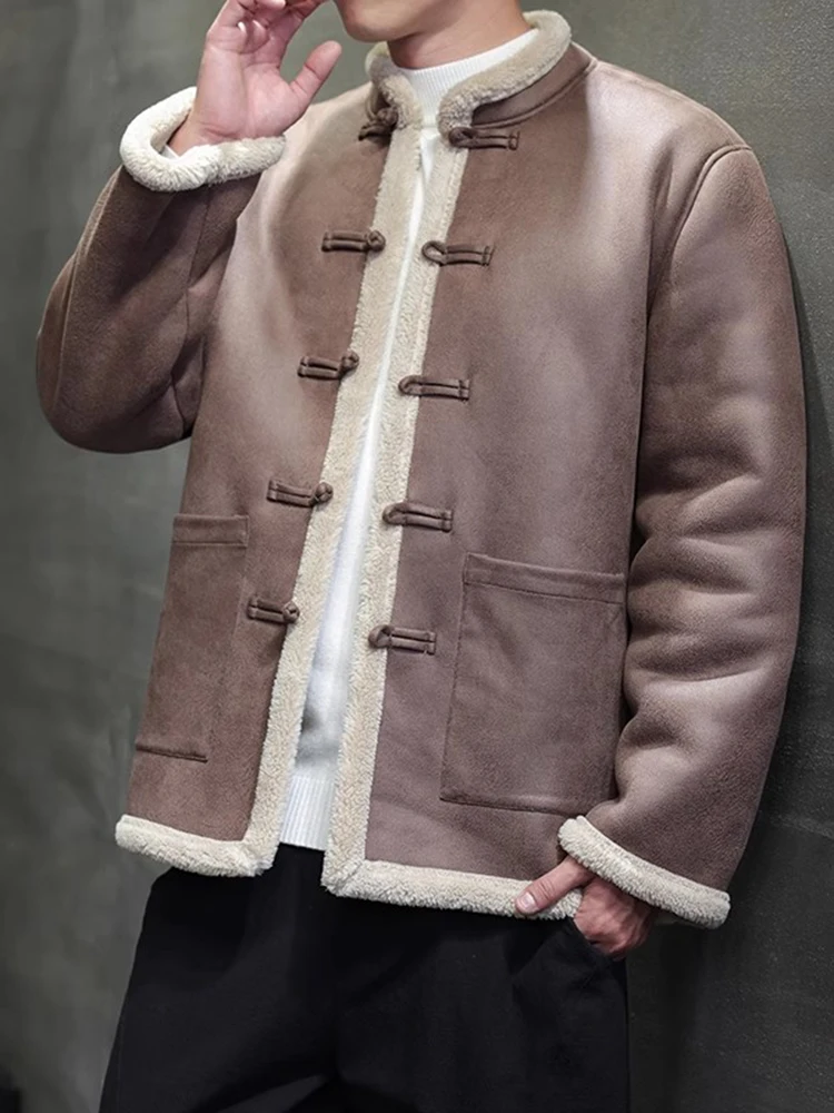 

Thiened Lamb Fur Collar Cotton Jaet for Middle-Aged And ly Men Winter Warm Faion Ci Sle Inteated Leather And...