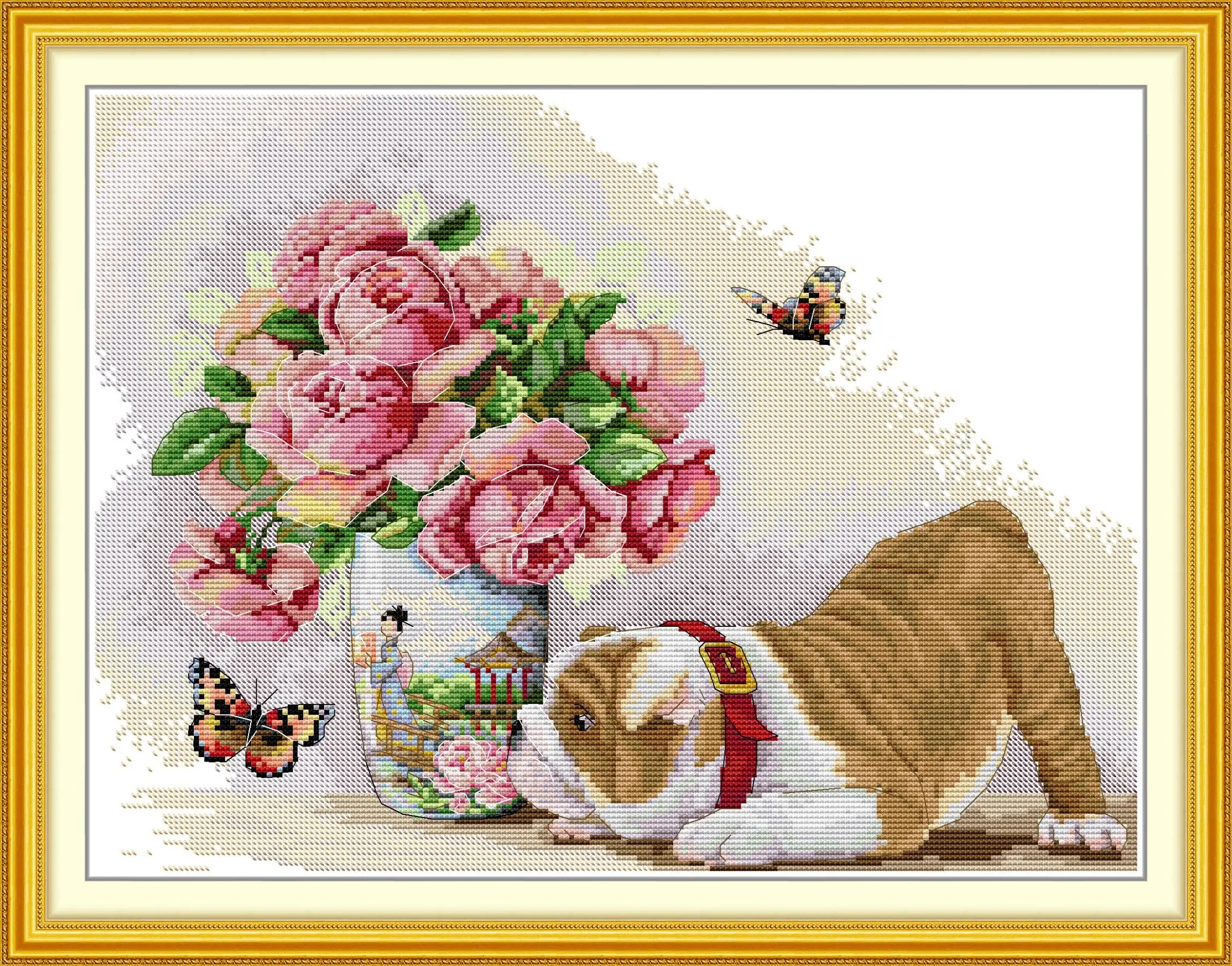 

Maydear Full Cross Stitch Kit, 11CT/14CT/16CT/9CT Aida Fabric,DMC Threads Sewing Pattern Embroidery Set-Pug with butterfly