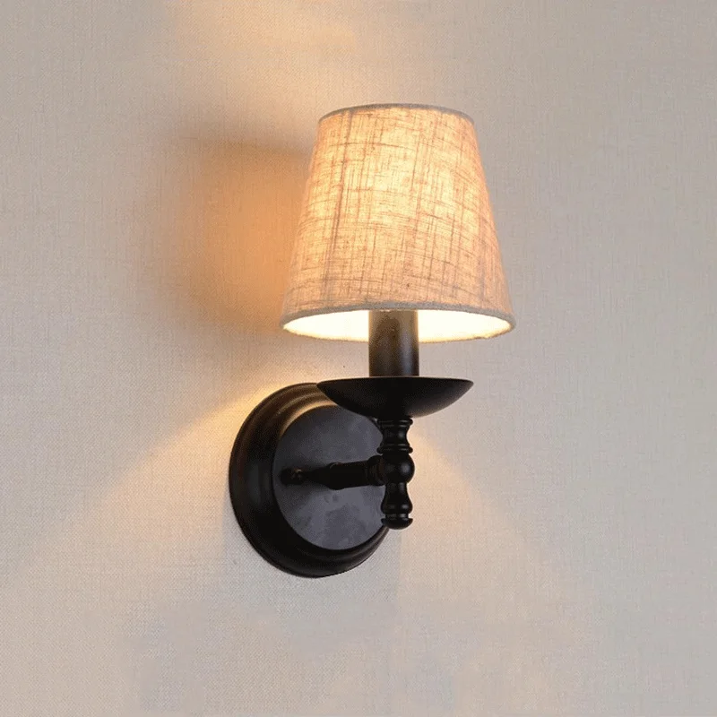 American Iron Wall Lamp Retro Living Room Bedroom Bedside European Style Countryside Study E14 Fabric Wall Light