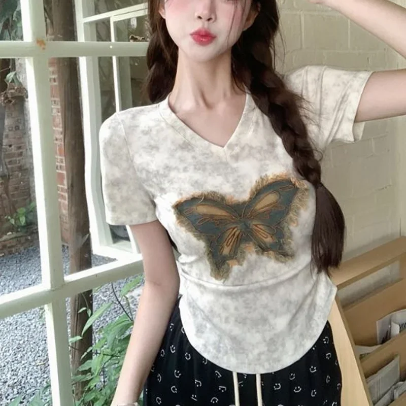 

Nice New Casual Short Sleeve Tops Ladies Patchwork Bright Line Decoration Pullovers Summer Trend Tie Dye Bow Women's Clothing