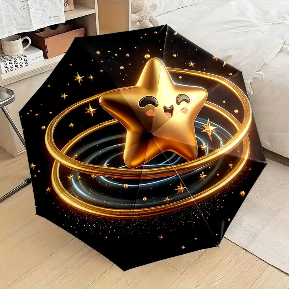Smiling Gold Star with Rings on Black Background Compact Fashion Folding Umbrella for Daily Use, Christmas Gift