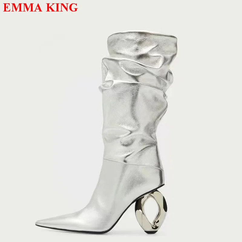 

Fashion Silver Metal Strange Heel Mid Calf Boots Runway Pleated Pointed Toe Boots Women 2023 Designer Winter Ladies Casual Shoes