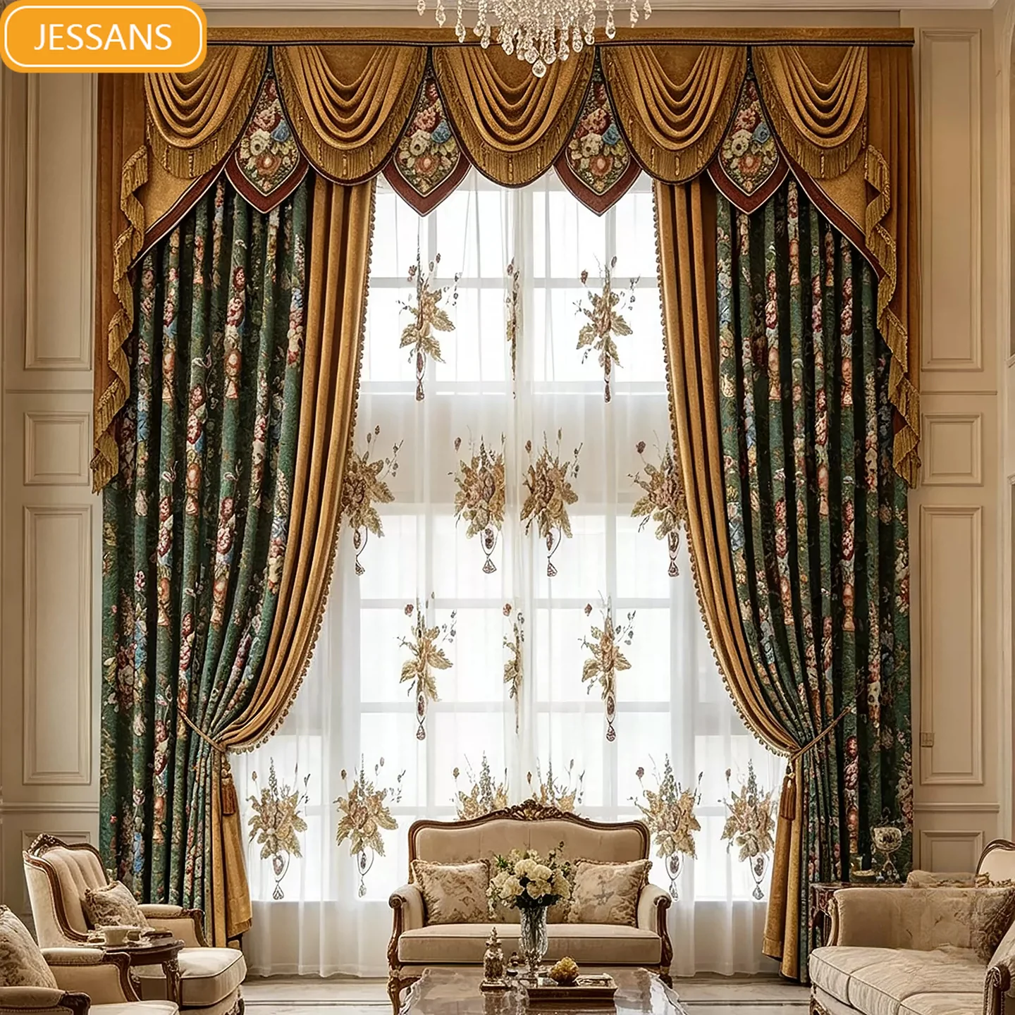European Chenier Green Jacquard Gold Splicing Chenier Curtains for Living Room Bedroom Partition Curtain Customization Valance