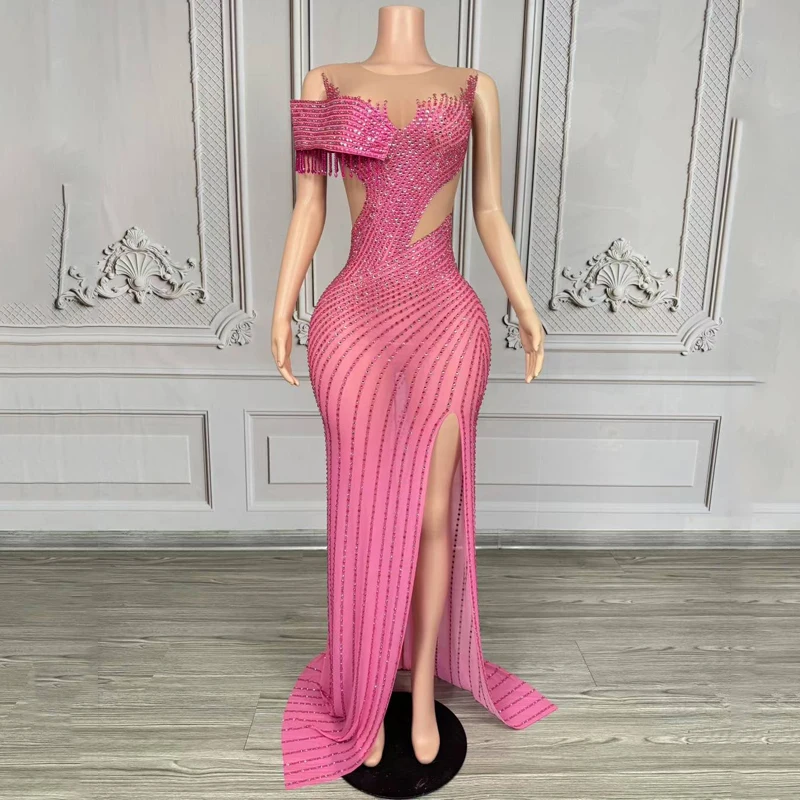 Vestidos de Noche rosas con diamantes de imitación para mujer, vestido de fiesta de celebración con diamantes, vestido de actuación en escenario, traje de pasarela de cantante, disfraz de Jazz
