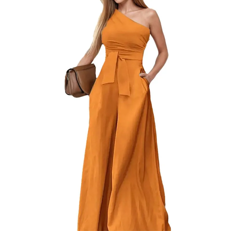 Thin Wide Leg High Waist Pants Full Length Commuter Jumpsuit with Sleeveless No Stretch Wrinkle Resistant Women Jumpsuit