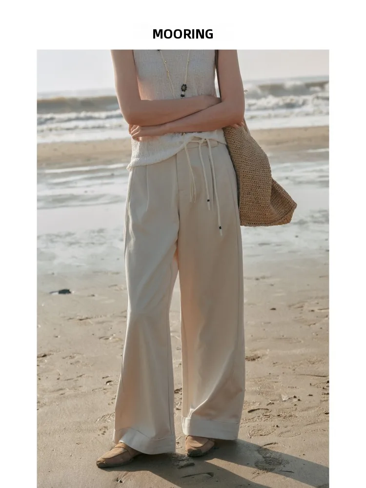 

High Waist Straight Leg Casual Pants MOORING Wide Leg Loose Fit Cuffed Versatile Belted Long Trousers for Women
