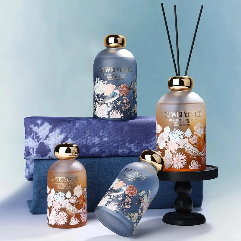 Vintage Floral Bird 200ml Matte Glass Reed Diffuser Long Lasting Aromatherapy Air Freshener with Luxury Gift Box for Home Hotel