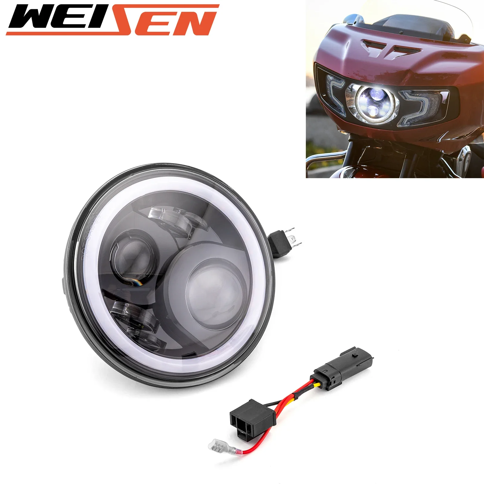 Motorcycle LED Projection Headlight Kit White Halo Ring 6000K 2800 LM for 2021-2024 Indian Super Chief Limited Accessories