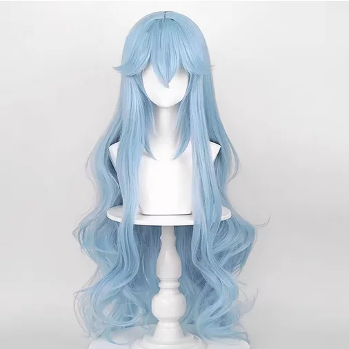 Wig wanita biru sintetis panjang bergelombang, Wig Cosplay Game Anime halus tahan panas untuk pesta sehari-hari