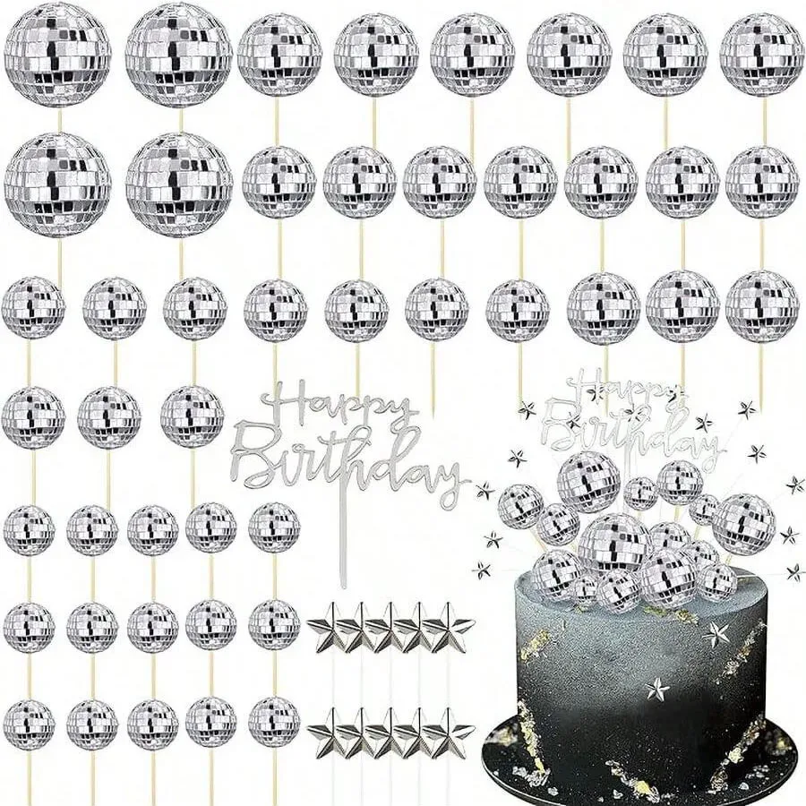 

35PCS DIY Disco Ball Cupcake Toppers Acrylic Happy Birthday Cake Topper Cake Centerpiece Decor Disco Theme Cake for Disco Party